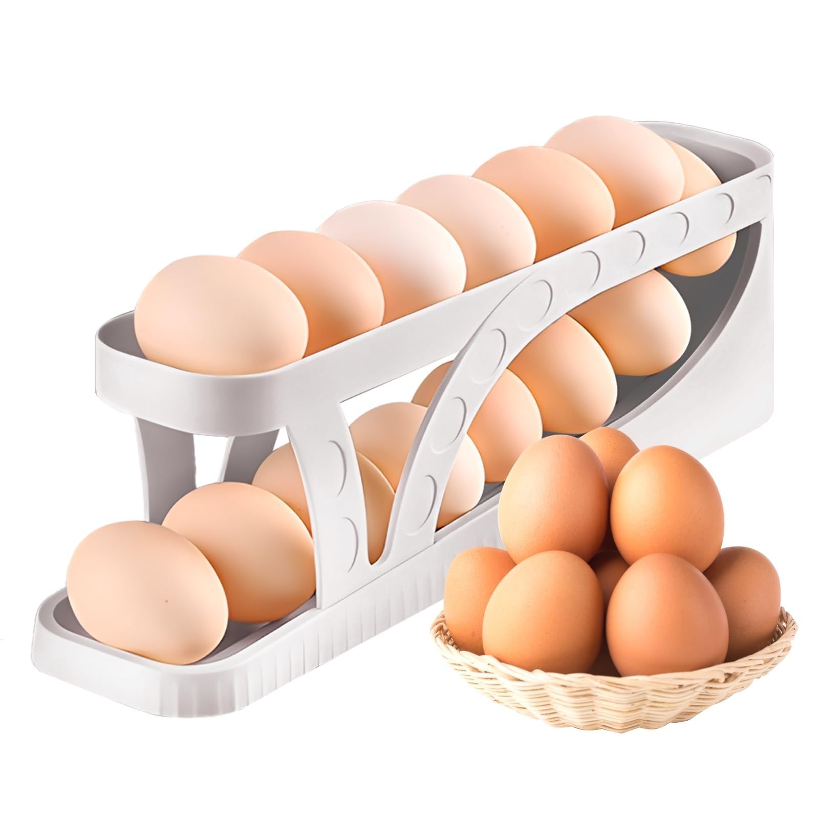 Egg Dispenser Automatic Rolling Egg Tray Organizer, Space Saving Side Door Refrigerator Egg Roller Basket, Suitable for Kitchen, Cabinets, Dining Table, White