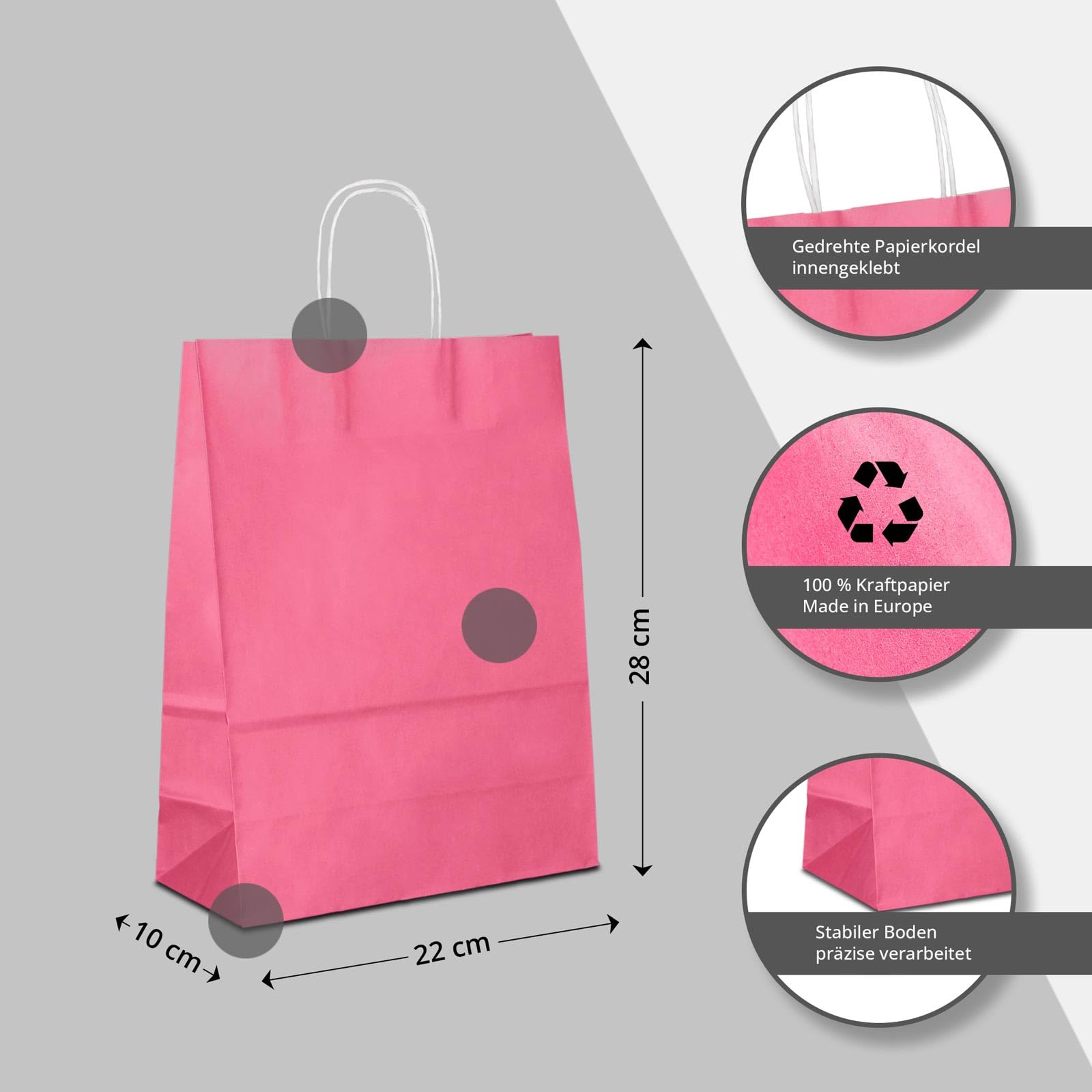 Papiertüten pink mit Kordel-Henkel I 100 Stk. 22+10x28cm I Papiertragetasche für Einzelhandel, Weihnachten, Mitbringsel, TO-GO I Geschenktüten aus Kraftpapier I HUTNER