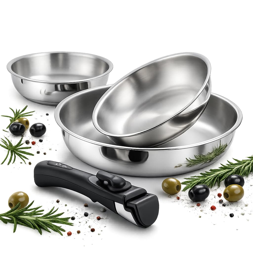 Juego de 3 sartenes de acero inoxidable 18/10 con mango extraíble – Sin PFAS, sin PTFE, sin PFOA – Compatible con inducción, horno y lavavajillas – Estufas apilables 20/24/28 cm – Cocina natural