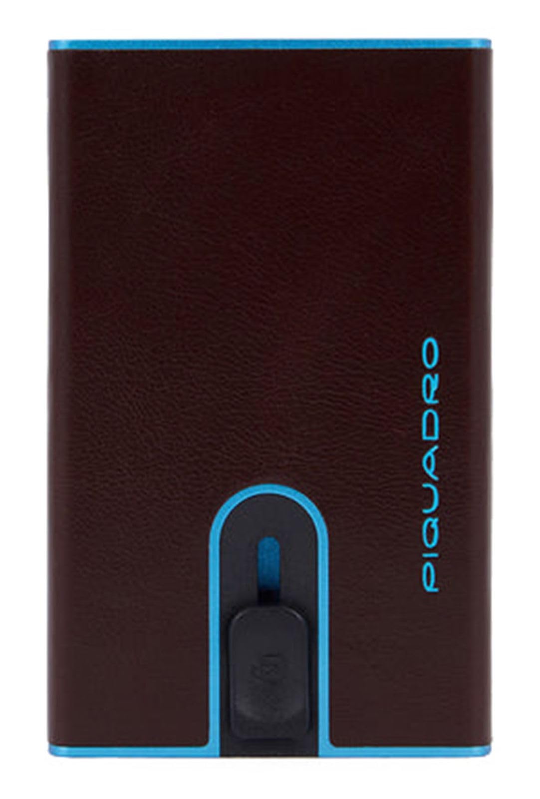 PIQUADRO – Portacarte Automatico - Blue Square – in Metallo e Pelle – Protezione RFID - Uomo – Colore Mogano