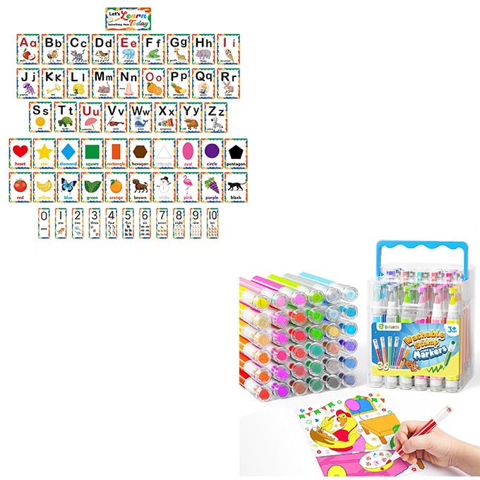 D-FantiX 58 Pieces Alphabet and Number Bulletin Board Set & 36 Colors Washable Markers for Kids