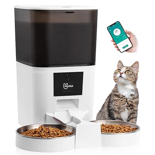Automatic Cat Feeder, 6L Smart Pet Food Dispenser with APP Control, WiFi Automatic Pet Food Dispenser for 2 Cats, Double Stainless Steel Bowls, 6 Meals a Day Portion Control