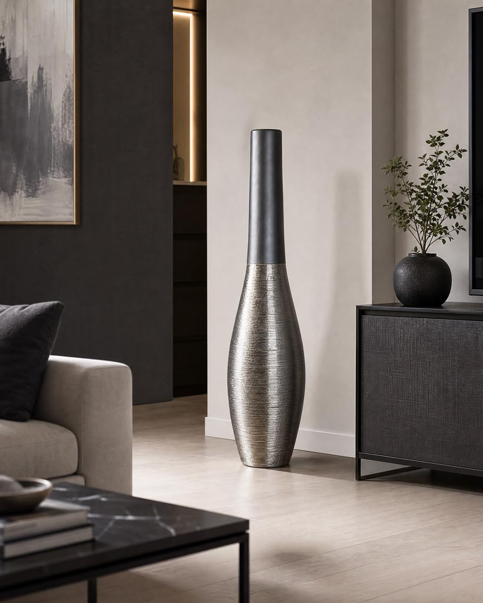 Gilde Jarrón de suelo London - cerámica - antracita mate - 73 cm x 17 cm - jarrón decorativo