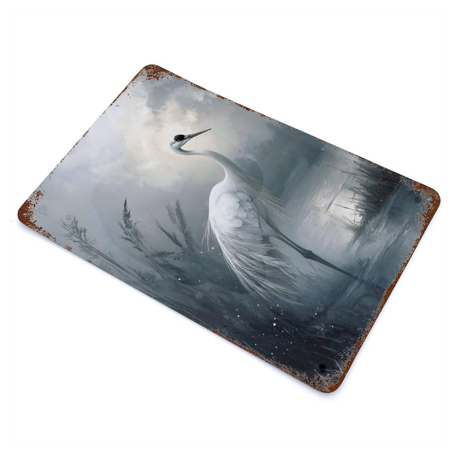 Distressed Metal Wall Sign Elegant White Crane in Misty Waters 11.8"x7.9", Vintage Wall Decor for Garage, Bar And Workshop Decor
