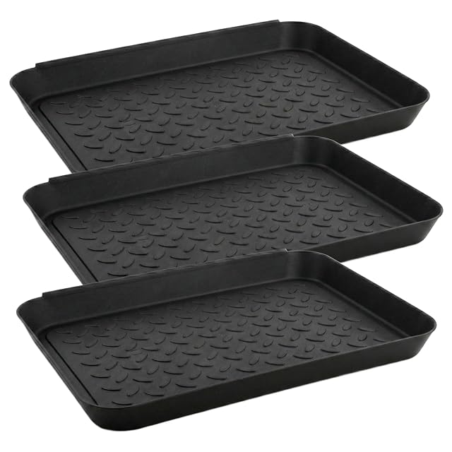 3 sztuki prostokątnych tacek z tworzywa sztucznego, 35 x 27 x 2,8 cm, antypoślizgowe, z wzorem w kropki, do użytku wewnątrz i na zewnątrz, stojak na mokre buty, miski dla psów, do prac ogrodowych