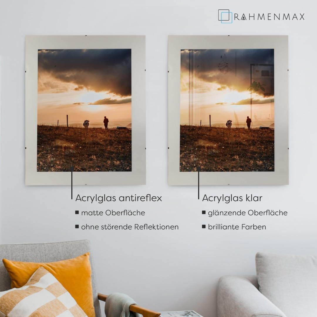 Rahmenloser Bildhalter nach Maß für Bild 45x67cm mit Acrylglas | Bruchsicheres 1mm Acrylglas Antireflex und 2,5mm weiße MDF-Rückwand