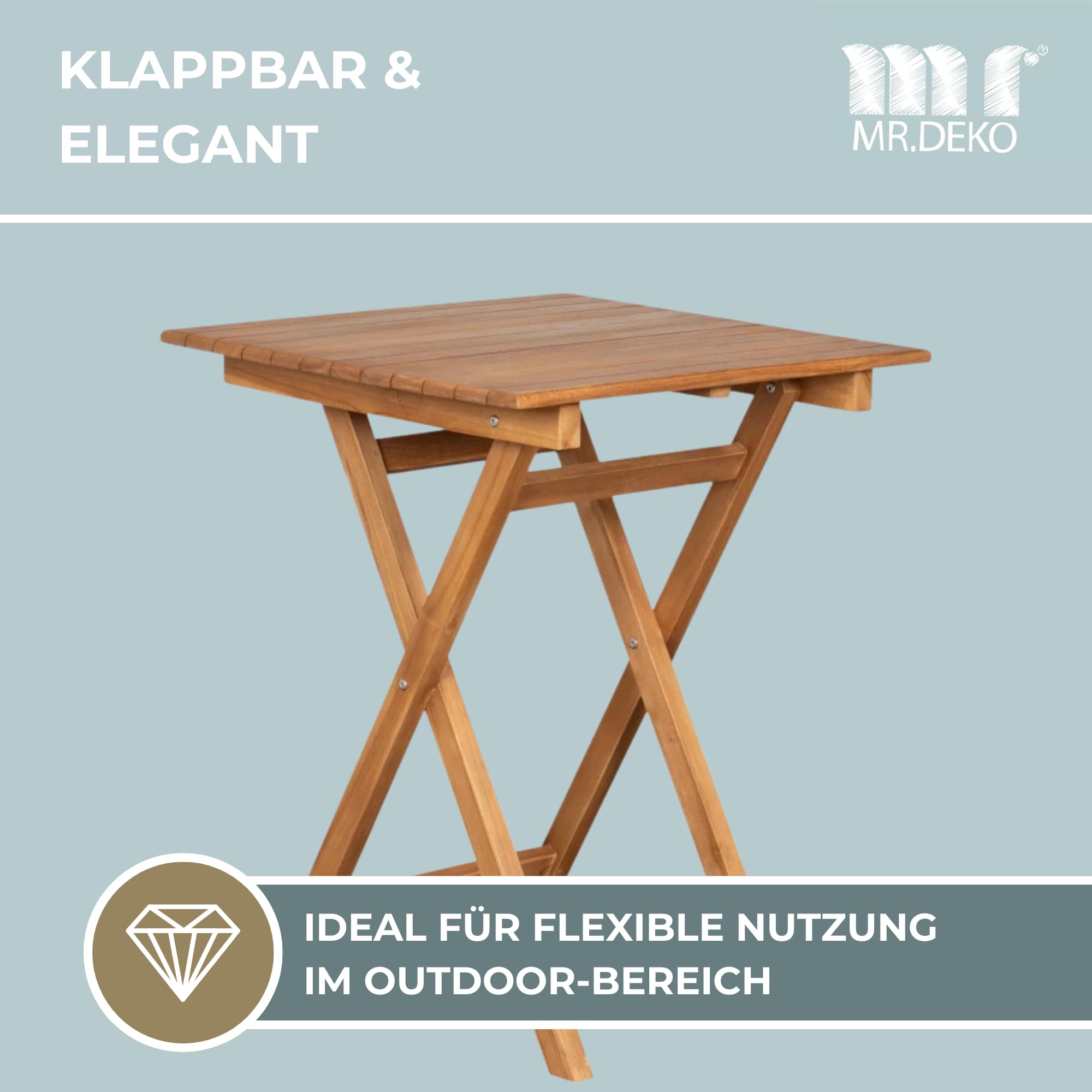 MR. DEKO Gartentisch Porton Teak Holz 60x60 cm | Balkontisch Wetterfest Massivholz | Outdoor Tisch Klein | Kleiner Gartentisch Holz | Terrassentisch Balkon | Gartentische Klappbar Teakholz