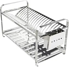 Escorredor Louça Inox de 2 Andares, 16 Pratos com Porta Talheres Resistente, Alta Durabilidade, Não Enferruja.