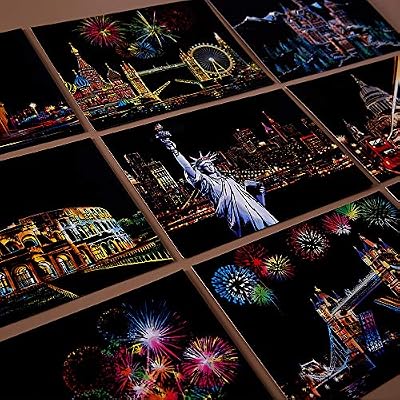 Magic Scratch Art Paper, Mini Envelope Postcard, Rainbow Night View Scratchboard for Adults and Teens, Art & Crafts Set : 16 Sheets Scratch Cards & 7 Tools Drawing Pen, Brush (Travel Around The World)