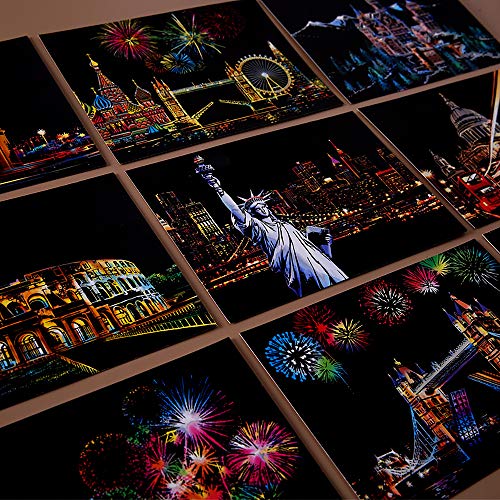 magic scratch art paper mini envelope postcard rainbow night view scratchboard for adults and kids art amp crafts set  16 sheets scratch cards amp 8 tools drawing pen brush travel around the world