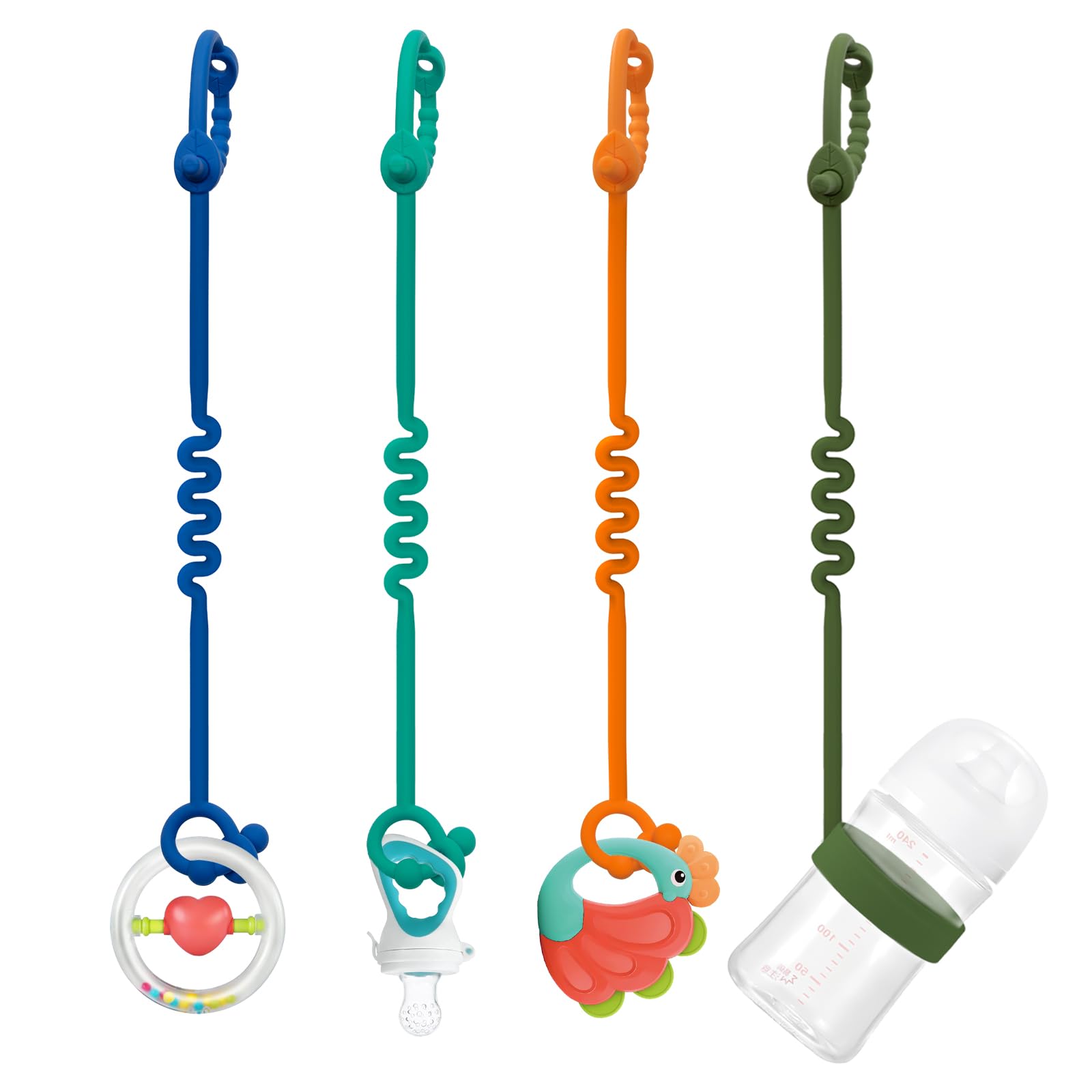 Clip per giocattoli in silicone per bambini - Cinghie regolabili per giocattoli e clip per ciuccio per passeggini, seggioloni, culle, seggiolini auto (4 pezzi)