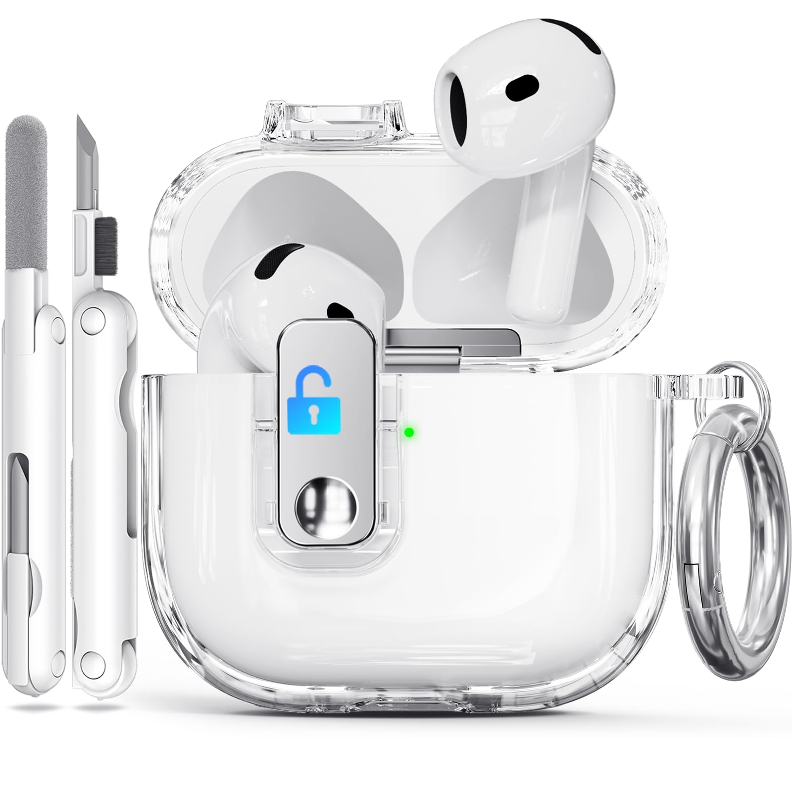 Secure Lock Case for AirPods 4, Ekoonpft Anti-Yellow Clear Cases for Apple AirPods 4th Generation 2024, Soft TPU Cover with Cleaning Kit Keychain for Women, Scratch-Proof