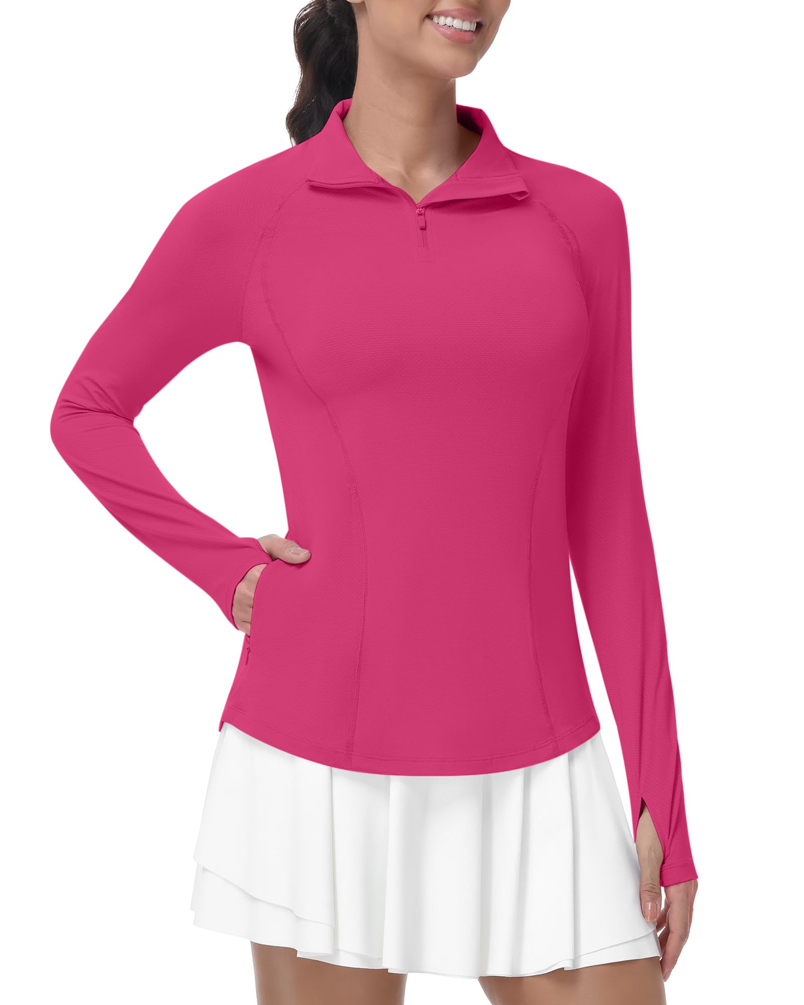 Runhit UV Shirt Damen Langarm UPF 50+ Sonnenschutz Sportshirt, Atmungsaktives Funktionsshirt mit 1/4 Reißverschluss Daumenloch & Taschen, Schnelltrocknendes Laufshirt für Gym Fitness Yoga & Outdoor