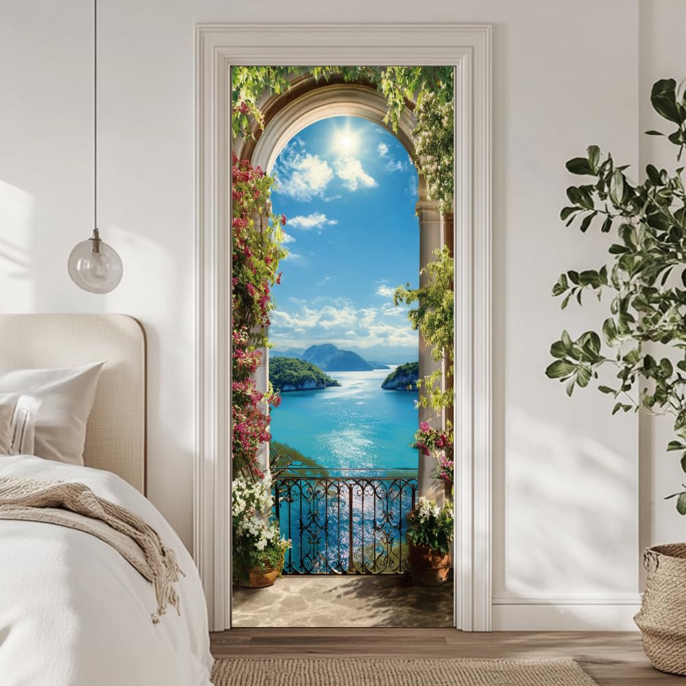 arricraft 2 Pcs Self-Adhesive Door Sticker, Balcony Ocean View Small Island