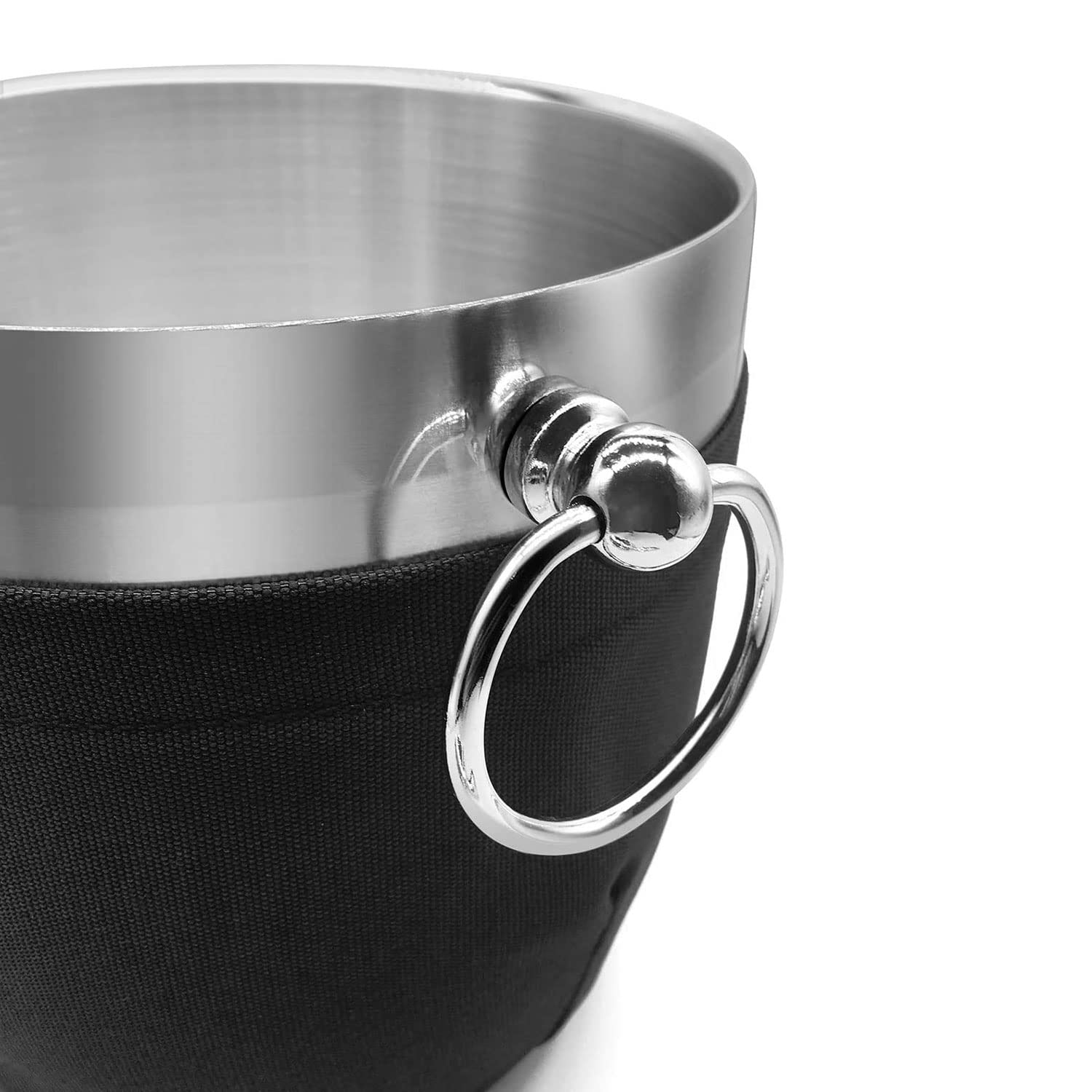 Fortune Candy Cubo de Hielo Aislante Acero Inoxidable de Doble Pared con Pinzas para Hielo, Pala, Tapa y Soporte Exclusivo de Nailon Hecho a Mano, 2,8 l (Negro)