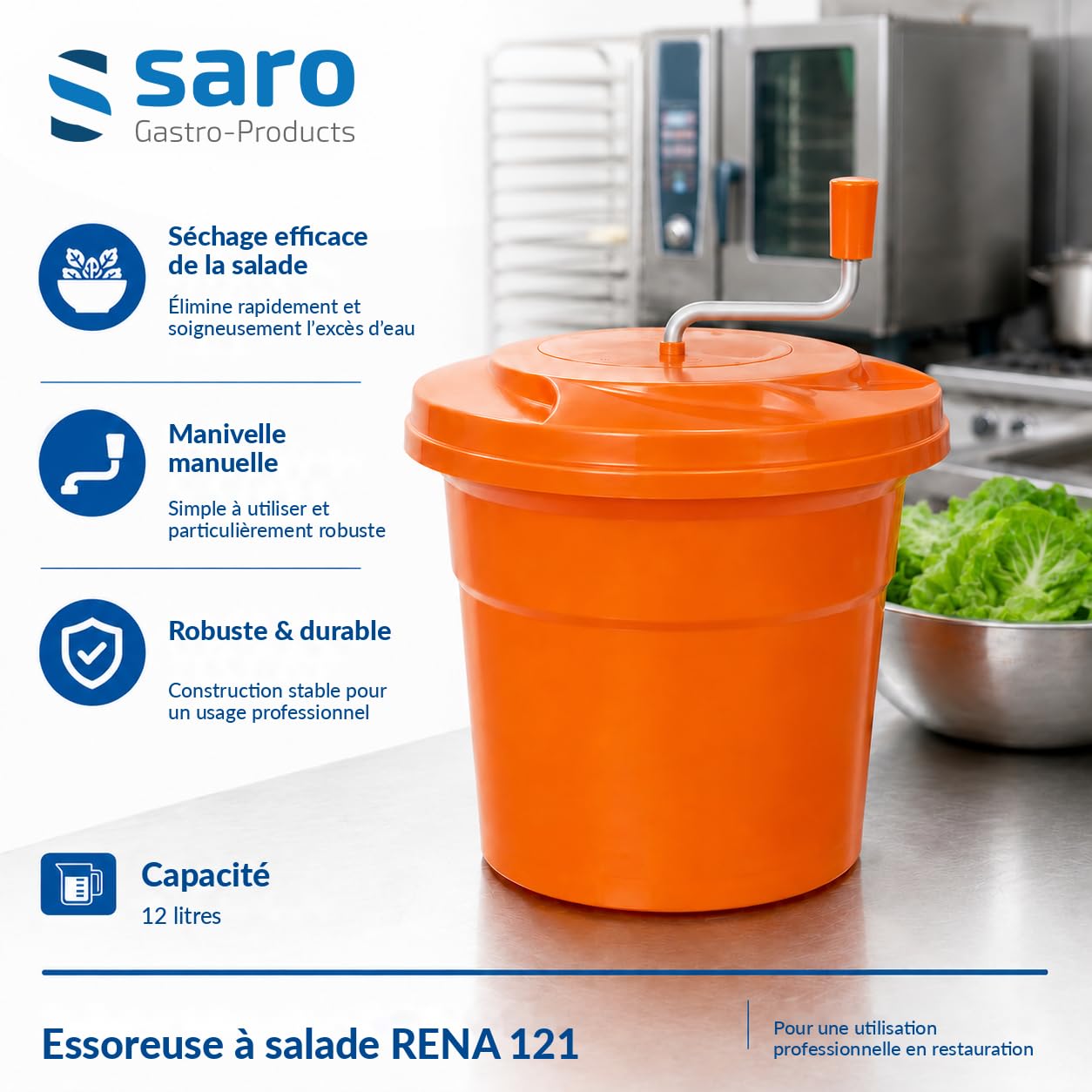 Saro - Rena 121 Essoreuse à Salade, 12 l, Ø 330 mm, Mécanisme en Plastique Résistant aux Chocs, Passe au Lave-Vaisselle, Base Antidérapante