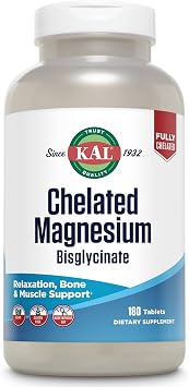 KAL Chelated Magnesium Bisglycinate Supplement, 60 Servings, 180 Tablets
