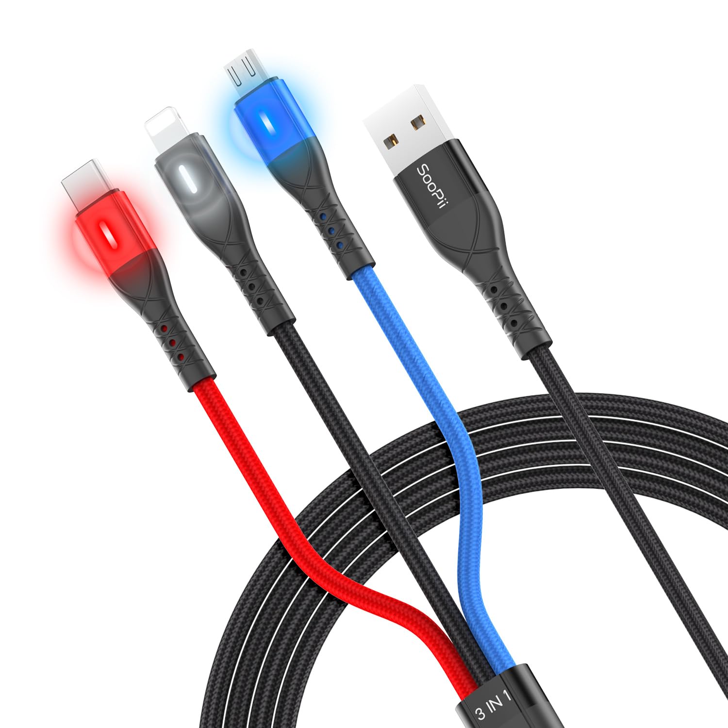 Car Carplay Cable with 3 Colors LED Indicator,Nylon Braided 3 in 1 Multi Charging Cable 2.0m/6.6ft with lPhone/Type C/Micro USB Port for lPhone 14/Plus/Pro Max&Galaxy S24 and More(1 Pack)