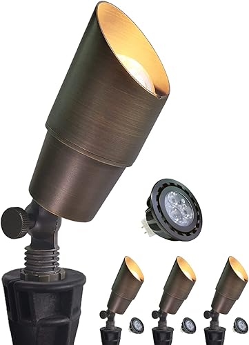 MALORY Foco reflector de paisaje de latón, paquete de 4 con bombilla (S01), bajo voltaje 12V CACC LED iluminación de paisaje al aire libre, estaca