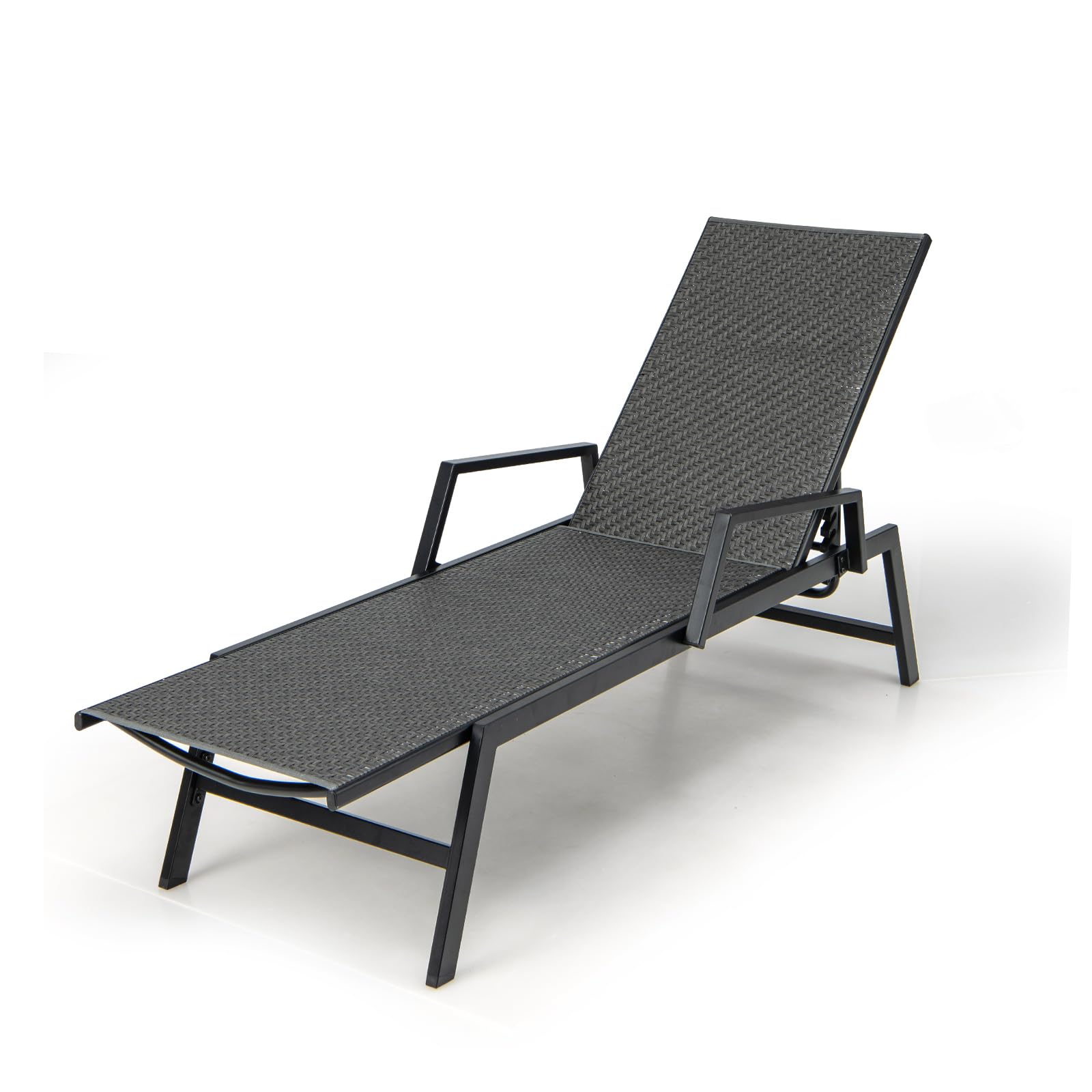 LIFEZEAL Transat Jardin Extérieur avec Dossier Inclinable en 5 Positions, Chaise Longue en Rotin PE avec Accoudoirs, Bain de Soleil pour Plage, Piscine, Terrasse, Balcon, Charge 150 kg (Noir)
