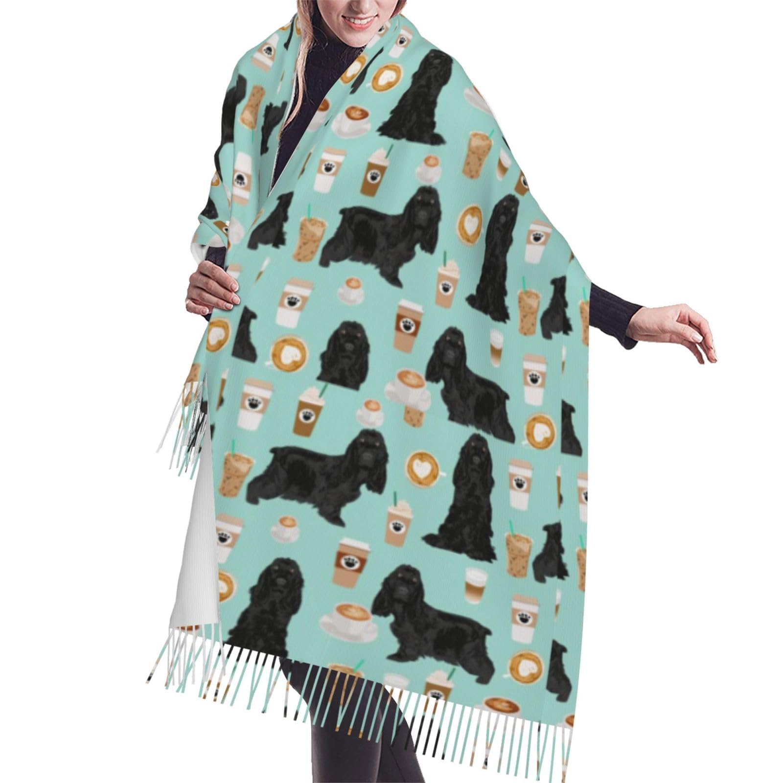 Gratka Unisex As Picture Scarf,Black Cocker Spaniel Dog With Coffee, Fringed Scarf Large Warm Soft Cashmere Feel Shawls Wraps 196X68 Cm