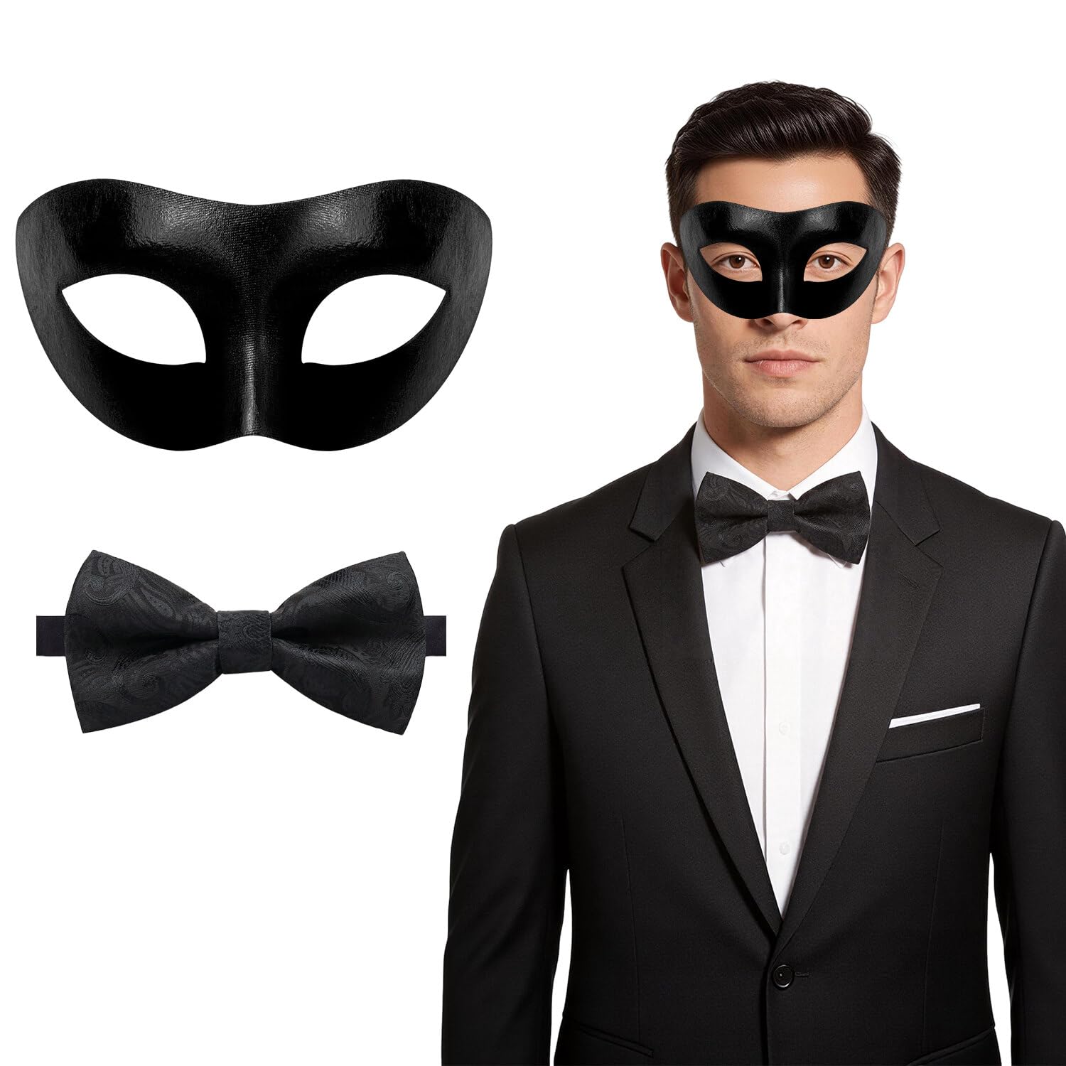 Kecartu Masquerade Mask for Men, Venetian Half Face Mask，Mardi Gras Mask with Bow Tie for Masquerade Ball Halloween Cosplay Costume Parties, Black — image 1
