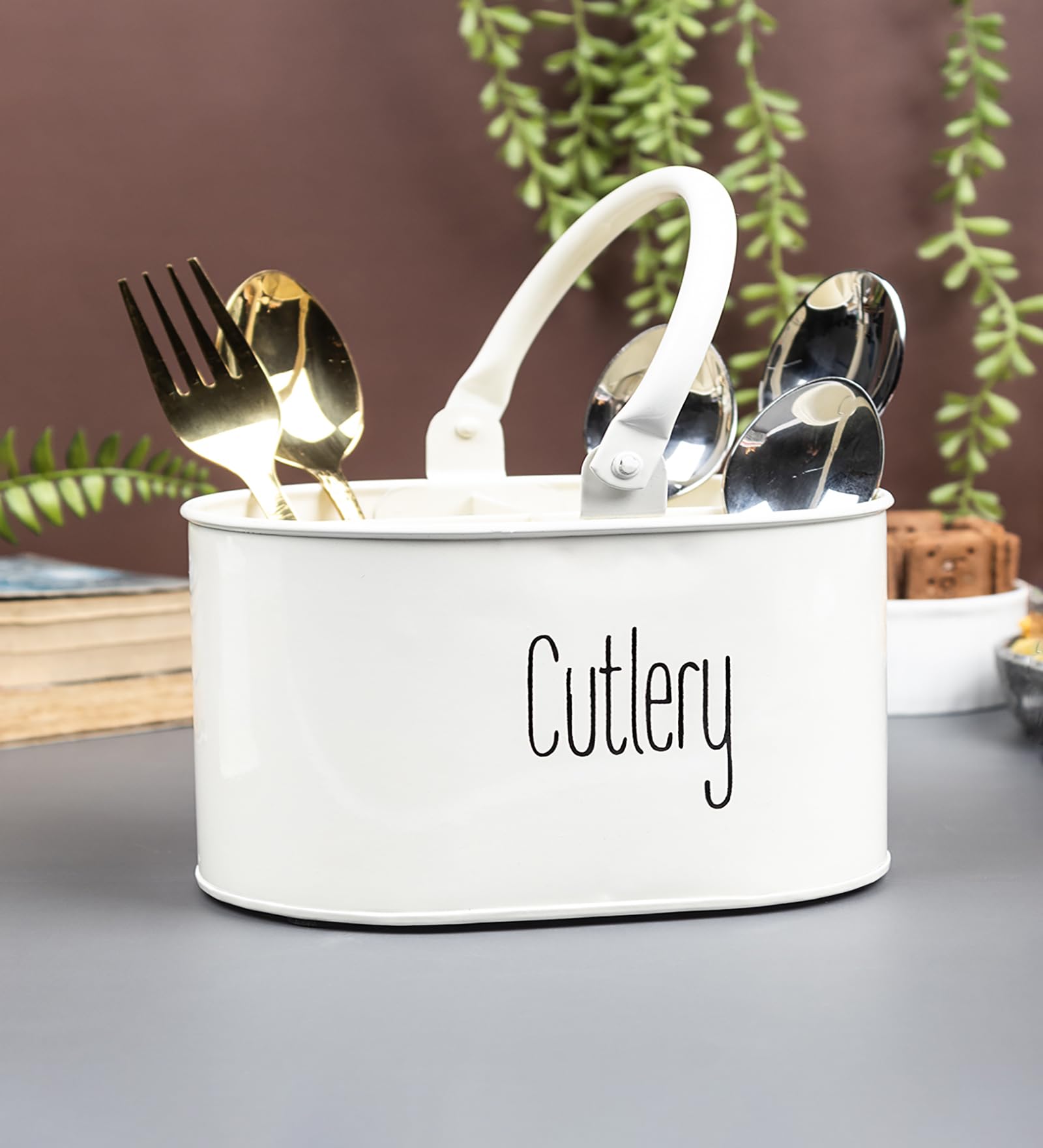 MARKET 99 Heavy-Duty Off-White Iron Cutlery Holder | Oval Glossy Utensil Organizer Stand for Kitchen | Knife, Fork & Spoon Holder | Tabletop Cutlery Storage Box for Dining Table & Countertop Use