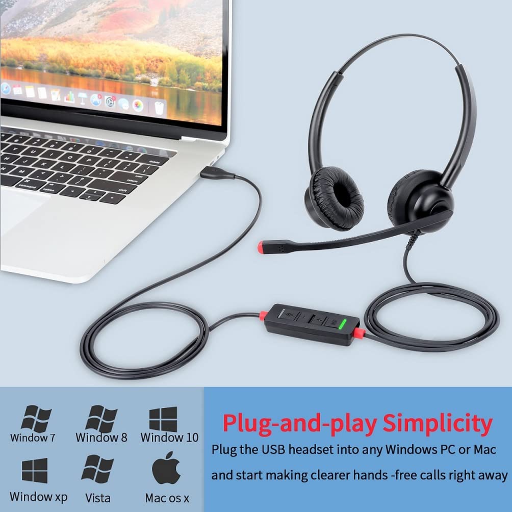 Casque USB pour ordinateur avec micro antibruit, casque stéréo et contrôle audio pour Skype Webinar Softphone Centre d'appel de bureau et cours en ligne