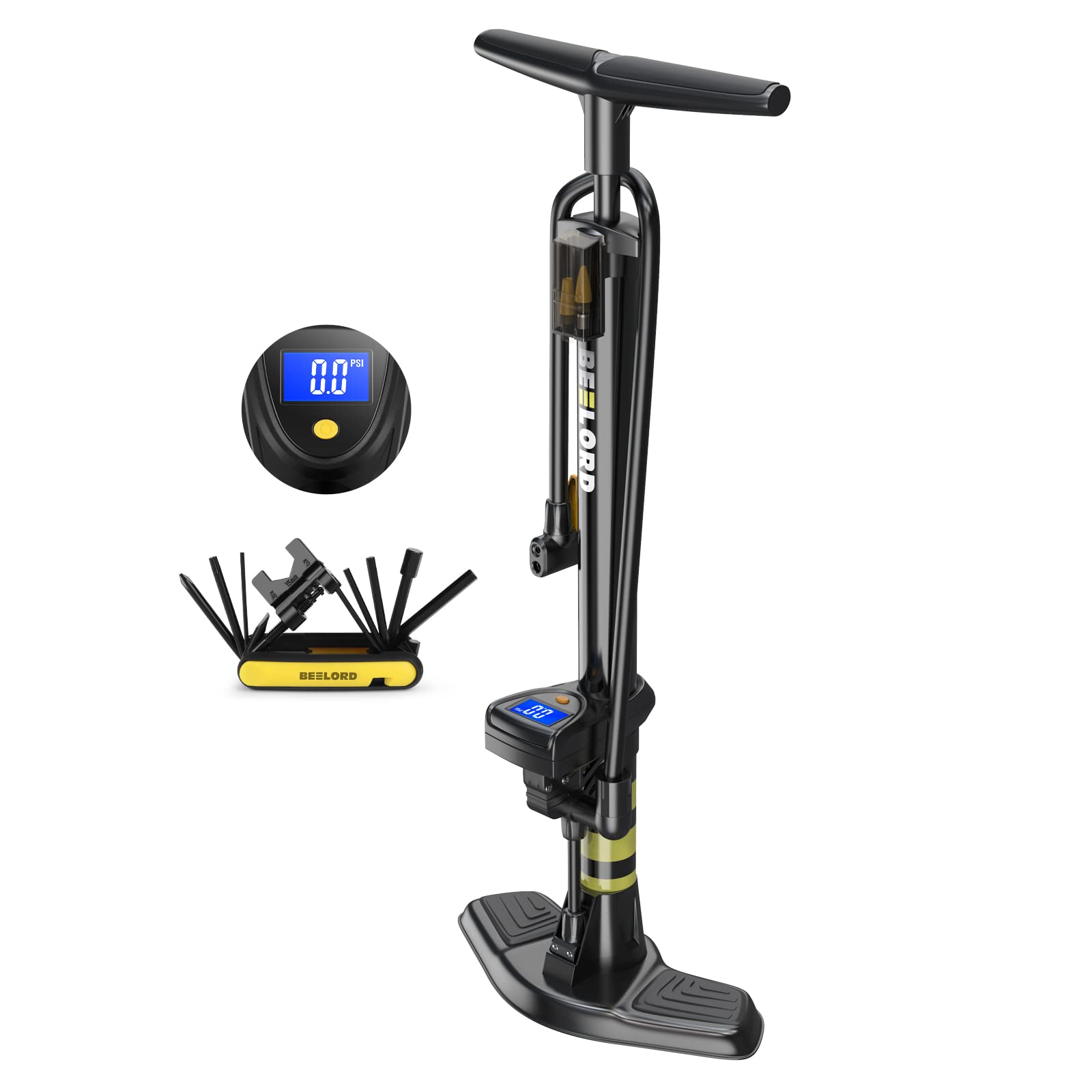 Photo 1 of BEELORD Aluminium Alloy Cylinder Bike Tire Pump with Precision Pressure Gauge, 160 PSI Multi-Function Portable Bike Air Pump with Presta and Schrader Valve, Fits Car, Bicycle, Scooter and Toys etc Digital Gauge+Tool-Black