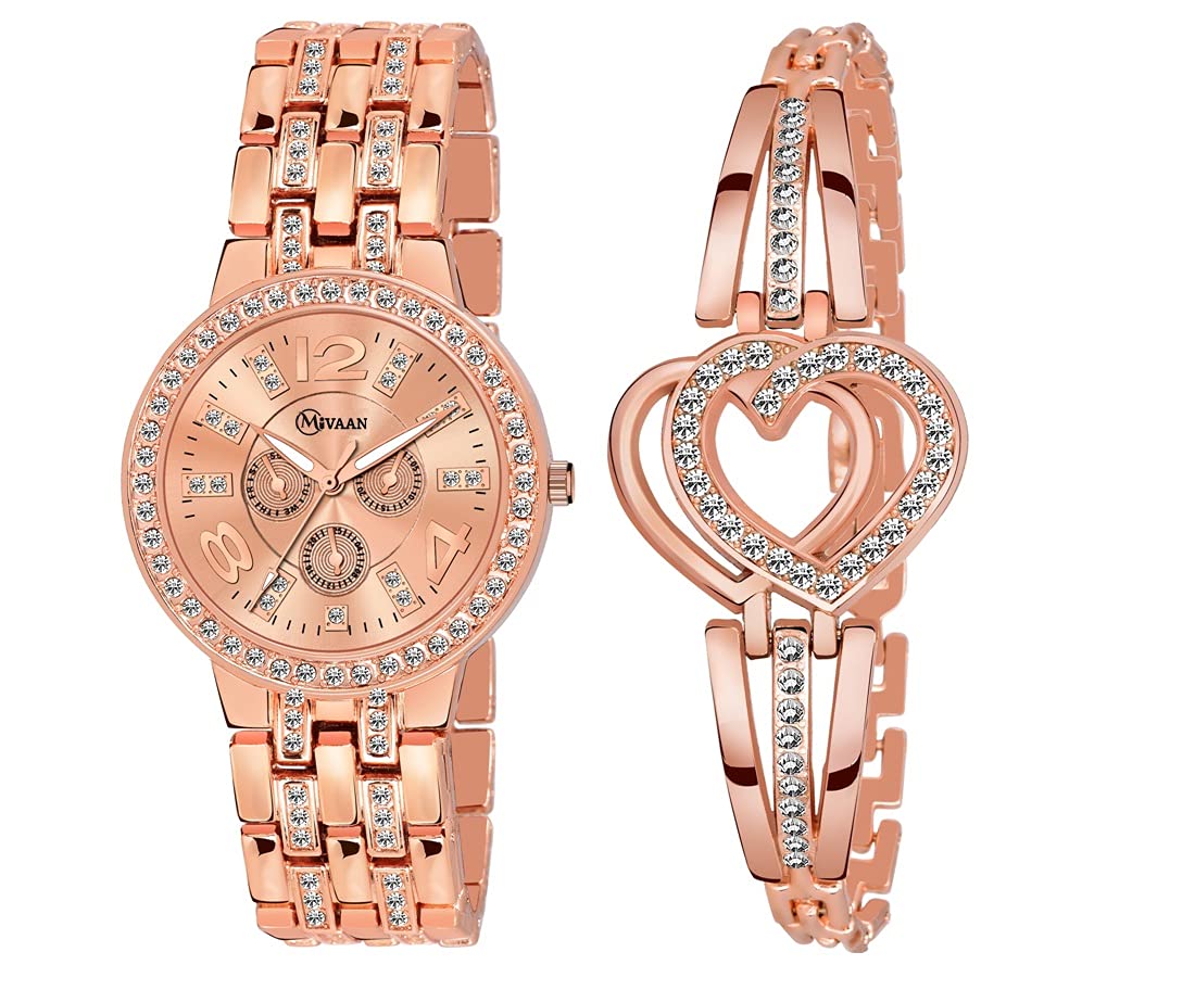 MIVAAN Analogue Rose Gold Metal Watch & Bracelet Combo for Women & Girls (Rose Gold, Pack of 2) (Rose GOLD-52) (B0963RN3MT) Amazon Price History, Amazon Price Tracker