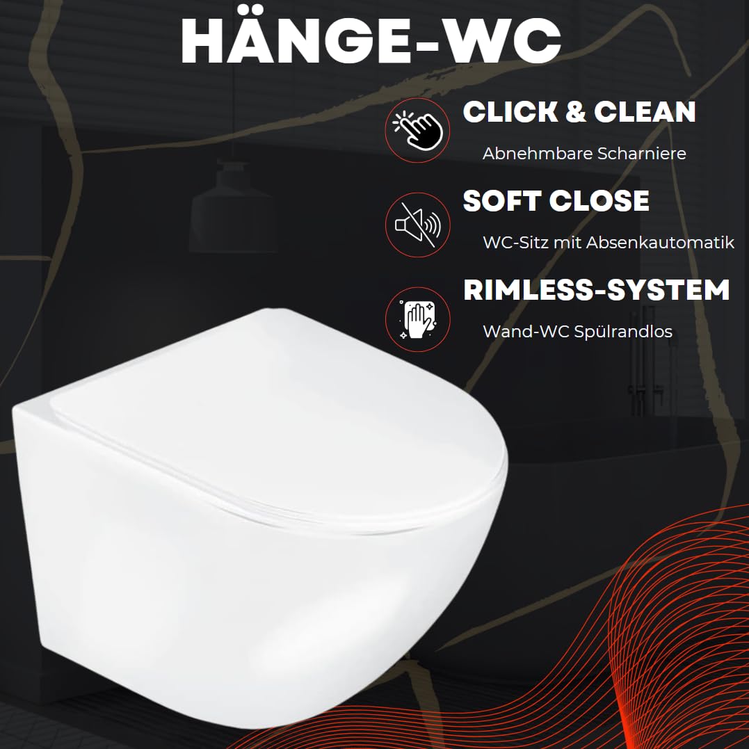 VBChome Hänge-WC Spülrandloses aus Keramik mit Toilettendeckel WC-Sitz aus Duroplast Absenkautomatik Rimless SoftClose-Funktion Tiefspüler Toilette Wand WC Wand-WC-Set