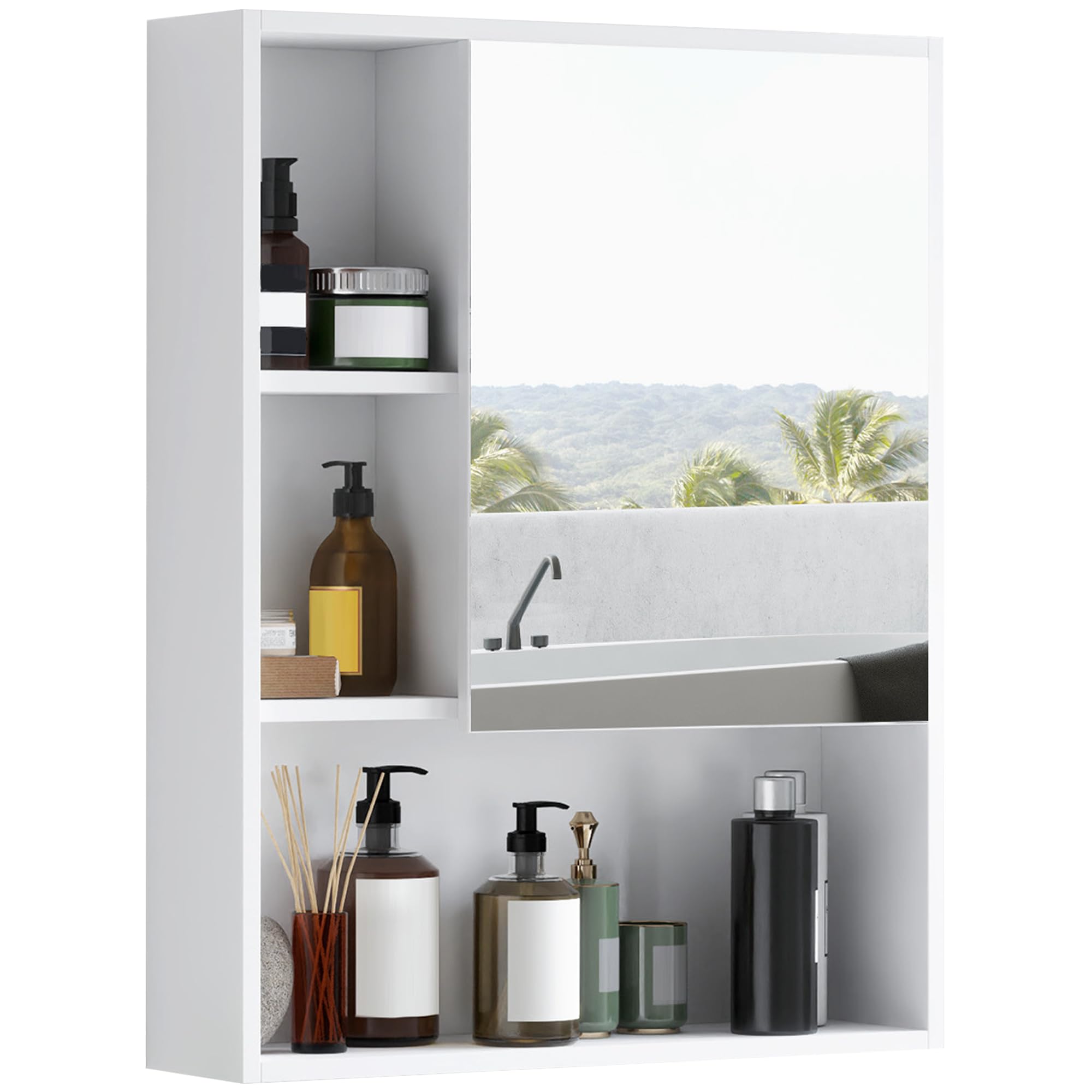 Kleankin Mobiletto Pensile Bagno 60 X 10 X 48cm, Con Specchio E 3 Ripiani, Armadietto A Parete In Mdf Bianco | Leroy Merlin - Foto 6