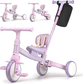 Phobby 5 in 1 Toddler Tricycle with Steering Push Handle for 1 2 3 4 Years Old, Kids Trike with Removable Pedals, First Riding Toy Birthday Gift for Girls Boys, Pink