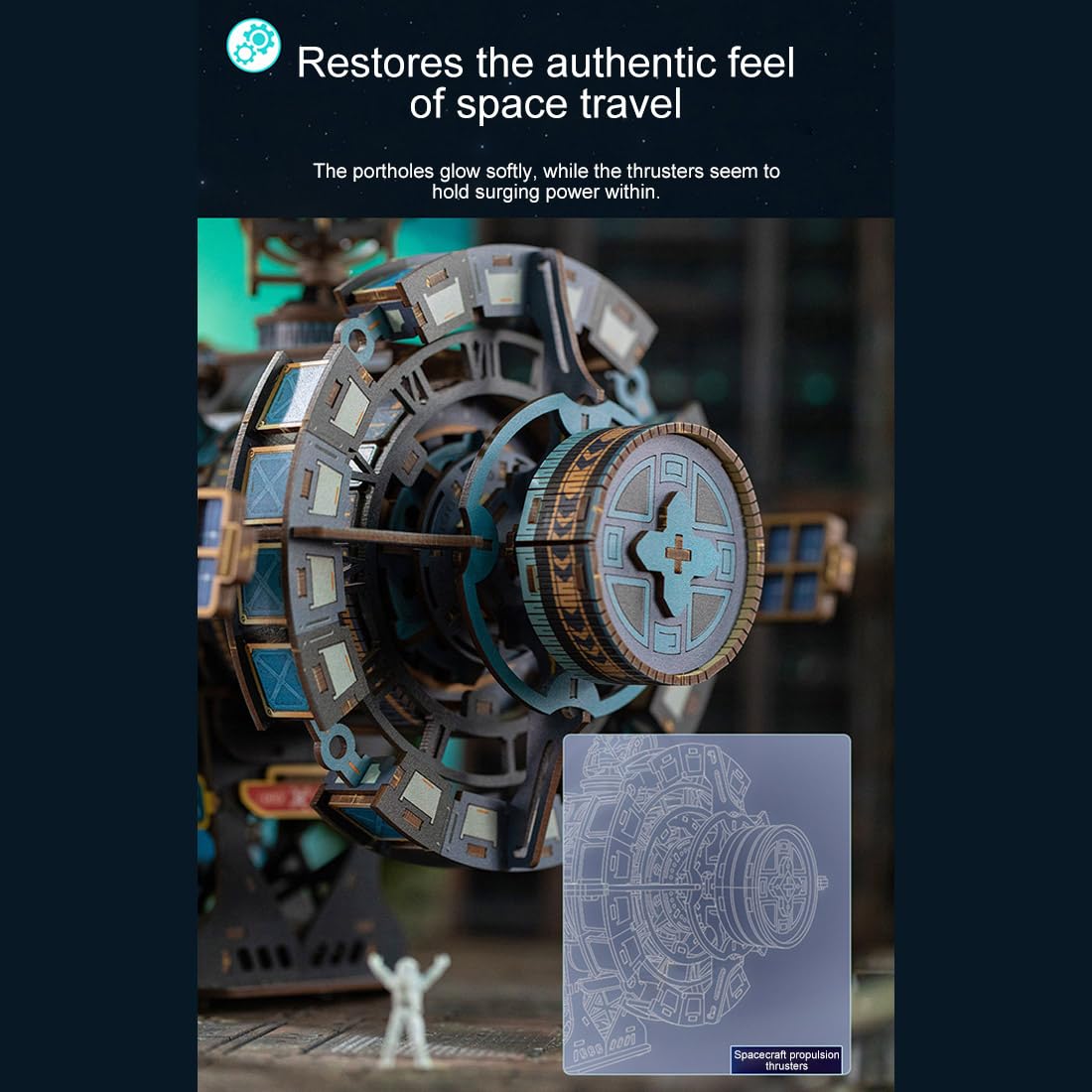 Kit di modellini di stazione spaziale fai da te, set di costruzione meccanica 3D in legno con luce ambientale, modello creativo di assemblaggio astronave per display da tavolo (511 pezzi)