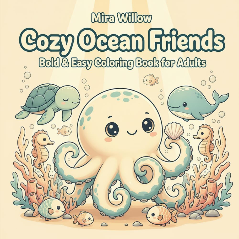 Cozy Ocean Friends: A Bold & Easy Coloring Book for Adults and Teens - 40 Cute Sea Creature Scenes for Relaxation, Calm, and Stress Relief