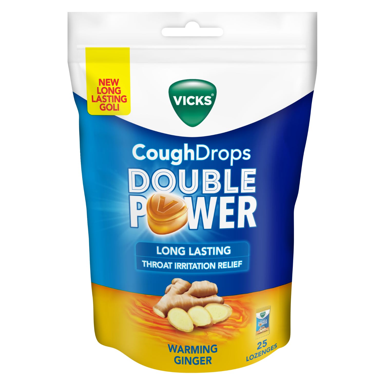 COUGH DROPS DOUBLE POWER (Bag of 25) WITH AYURVEDIC INGREDIENTS FOR FAST RELIEF FROM THROAT IRRITATION & COUGH, WARMING GINGER FLAVOUR