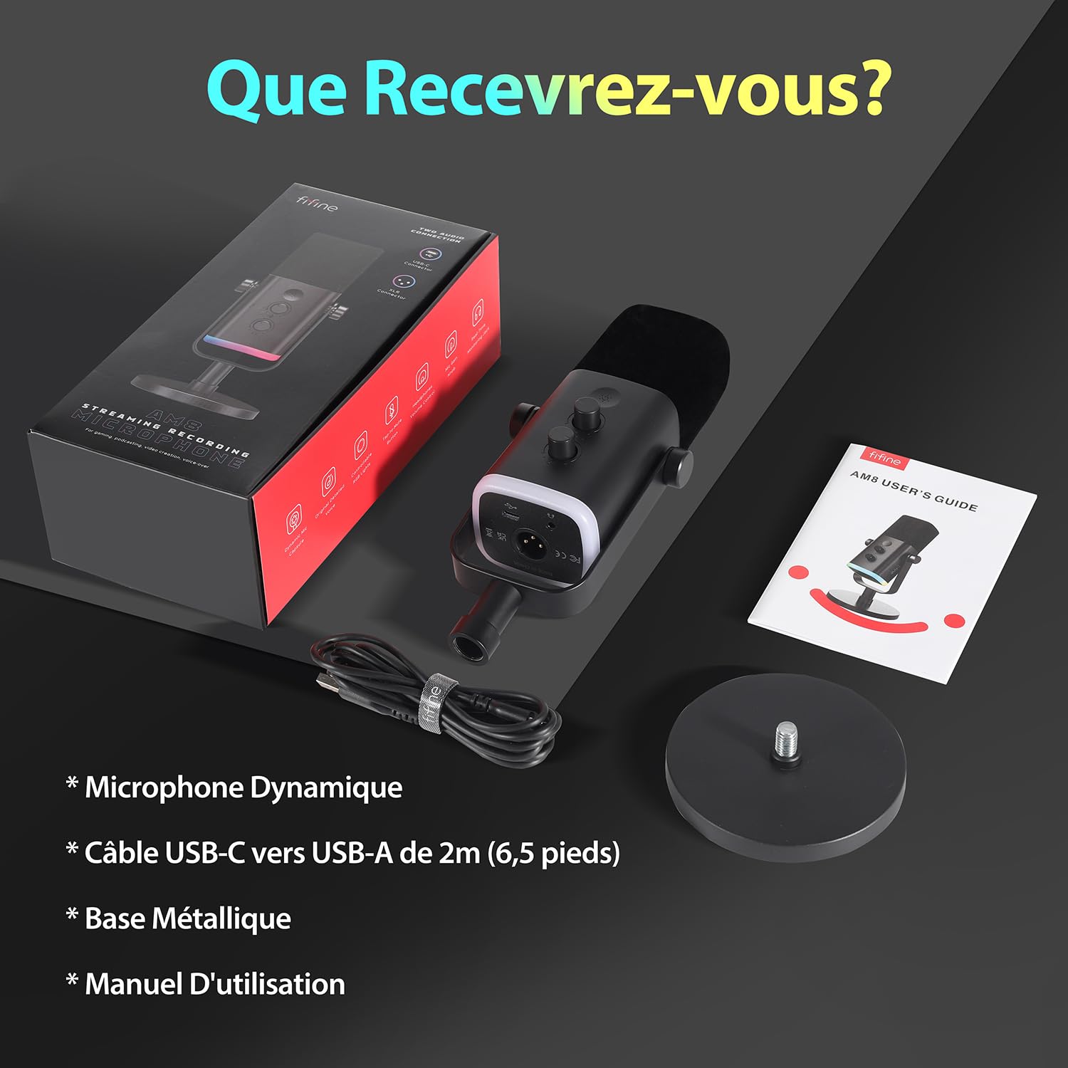 FIFINE USB XLR Gaming Micro Dynamique pour PC, RGB Streaming Microphone pour Podcasting, Broadcasting, Enregistrement Vocal, pour PS4/5 Mac PC Mixer Cartes Son
