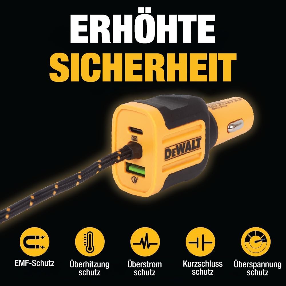 DEWALT Hochleistungs-72W-USB-Autoladegerät mit 5 Anschlüssen, Multiport-Autoladegerät für iPhone 17, Schnellladefunktion mit PD & QC3.0 Zigarettenanzünderadapter mit 1,8 m Kabel