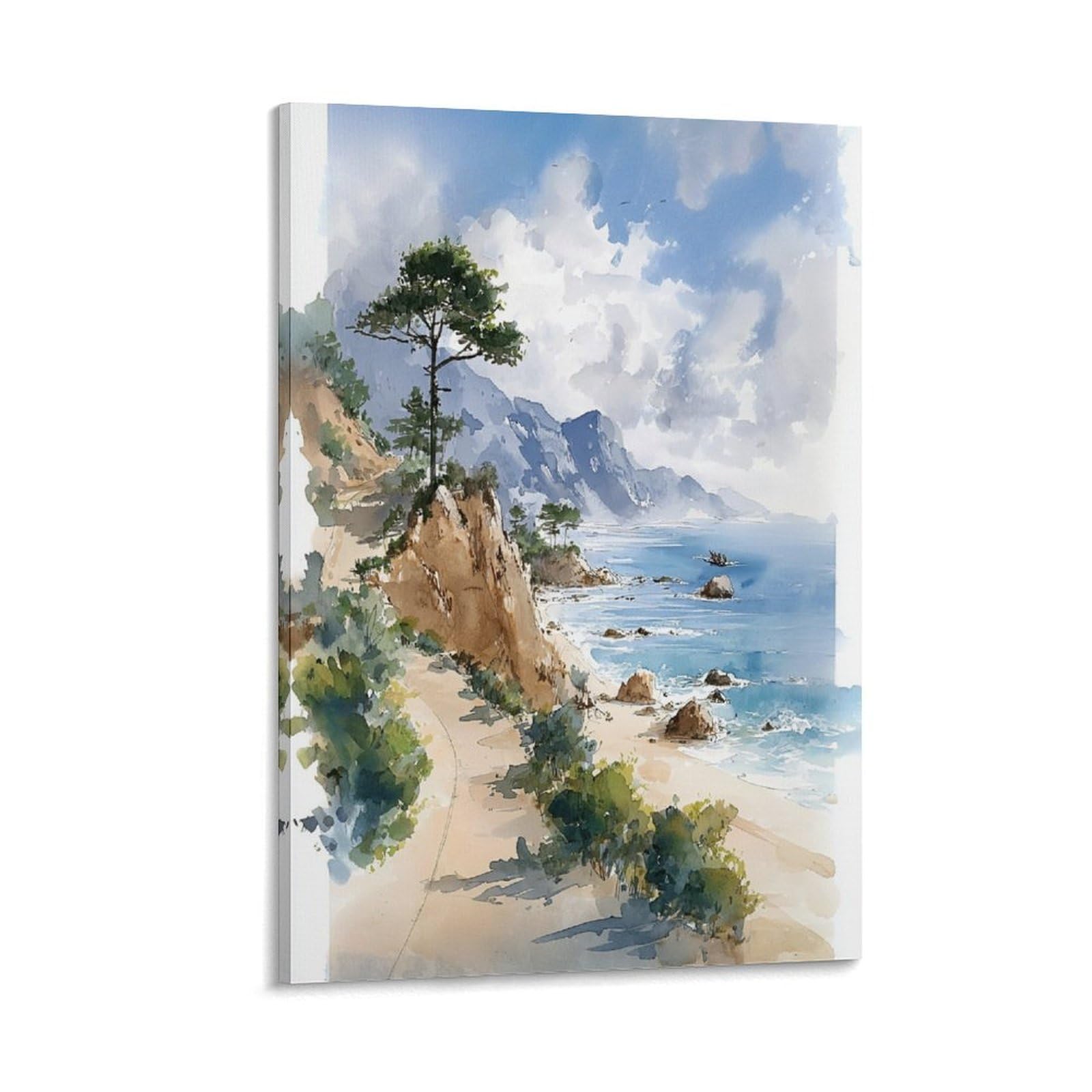 XWYMXZ Pebble Beach Coastal Tree 24x36inch(60x90cm) Vintage Travel Poster Watercolor Canvas Art