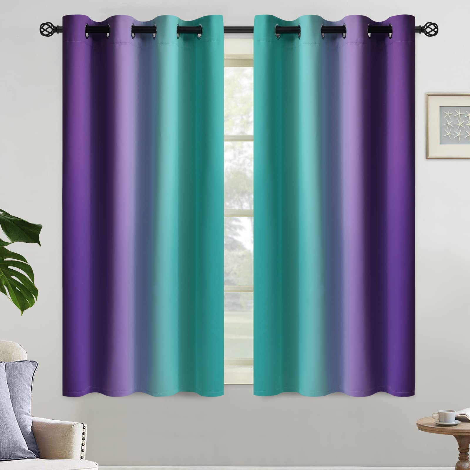 Yakamok Teal and Purple Blackout Curtains, Ombre Full Room Darkening Window Curtains for Living Room,Grommet Thermal Insulated Drapes,Light Blocking Curtains for Girls Bedroom,52x54 Inch, 2 Panels — image 1