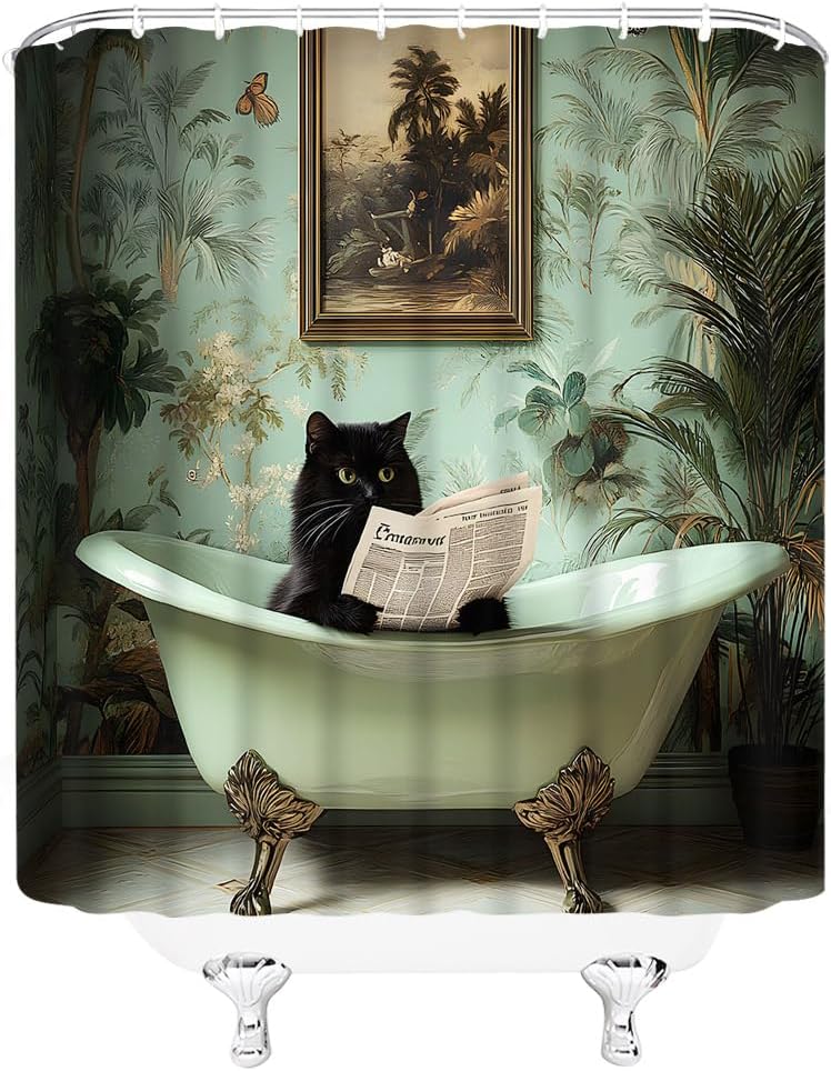 Funny Cat Shower Curtain Cute Black Kitten in Bathtub Reading Newspaper Cartoon Animal Pet Tropical Plant Green Leaves Hilarious Fun Fabric Bathroom Decor Curtains with Hooks,70 x 82