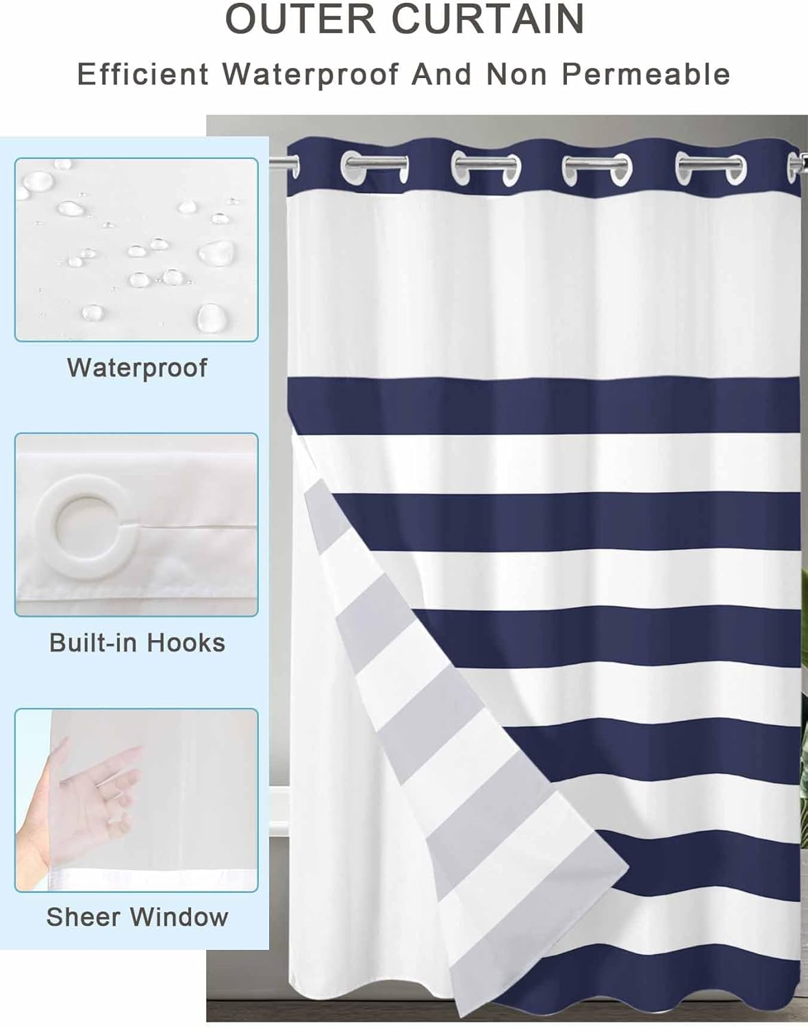 Chic D No Hook Shower Curtain with Snap in Liner Nautical Stripe Waterproof Shower Curtains with See Through Mesh Top Window Fabric Liner Set for Bathroom, Navy Blue Striped 72x72 Inches