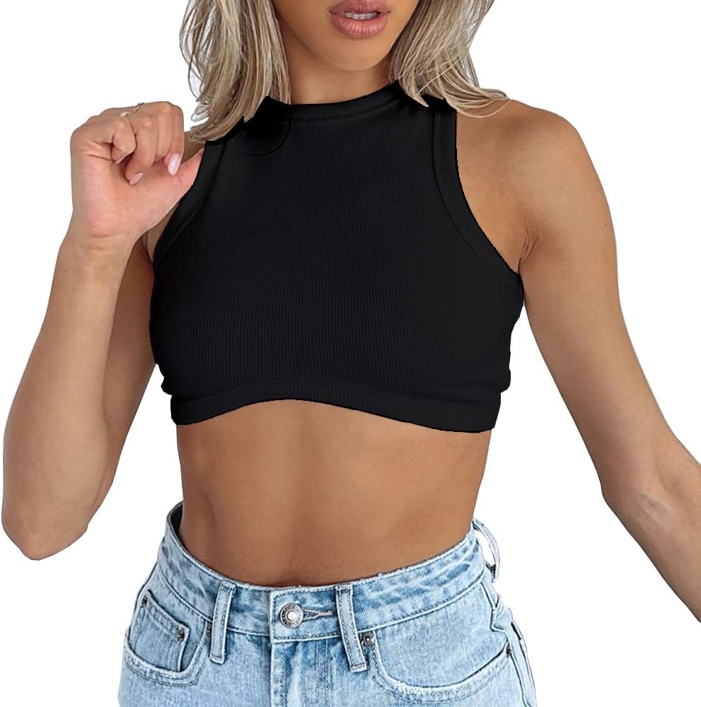 Abardsion Women's Crew Neck Racerback Knit Ribbed Basic Sleeveless Crop Tank Tops Medium Black