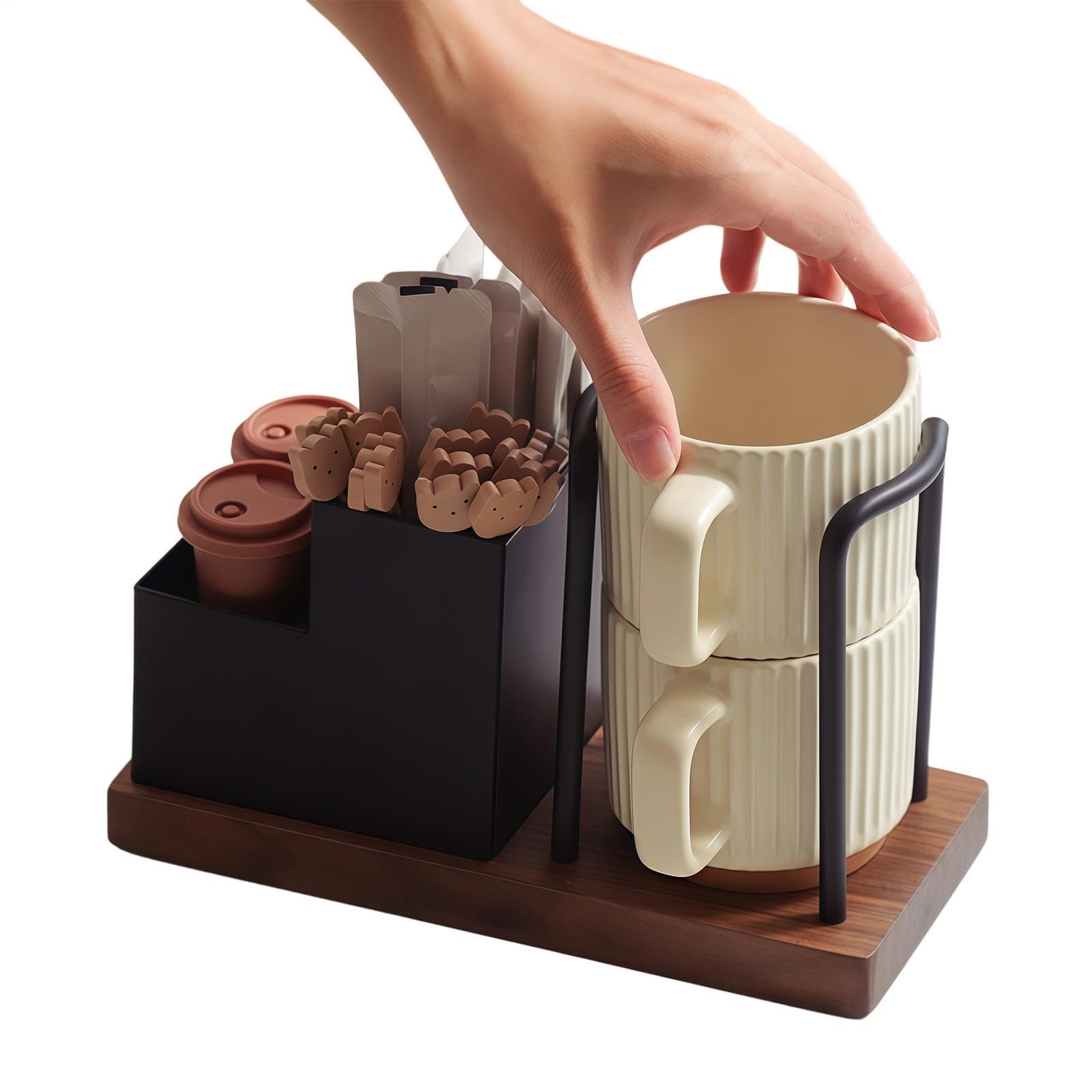 Organizer per tazze da caffè e coperchi con base in legno, 3