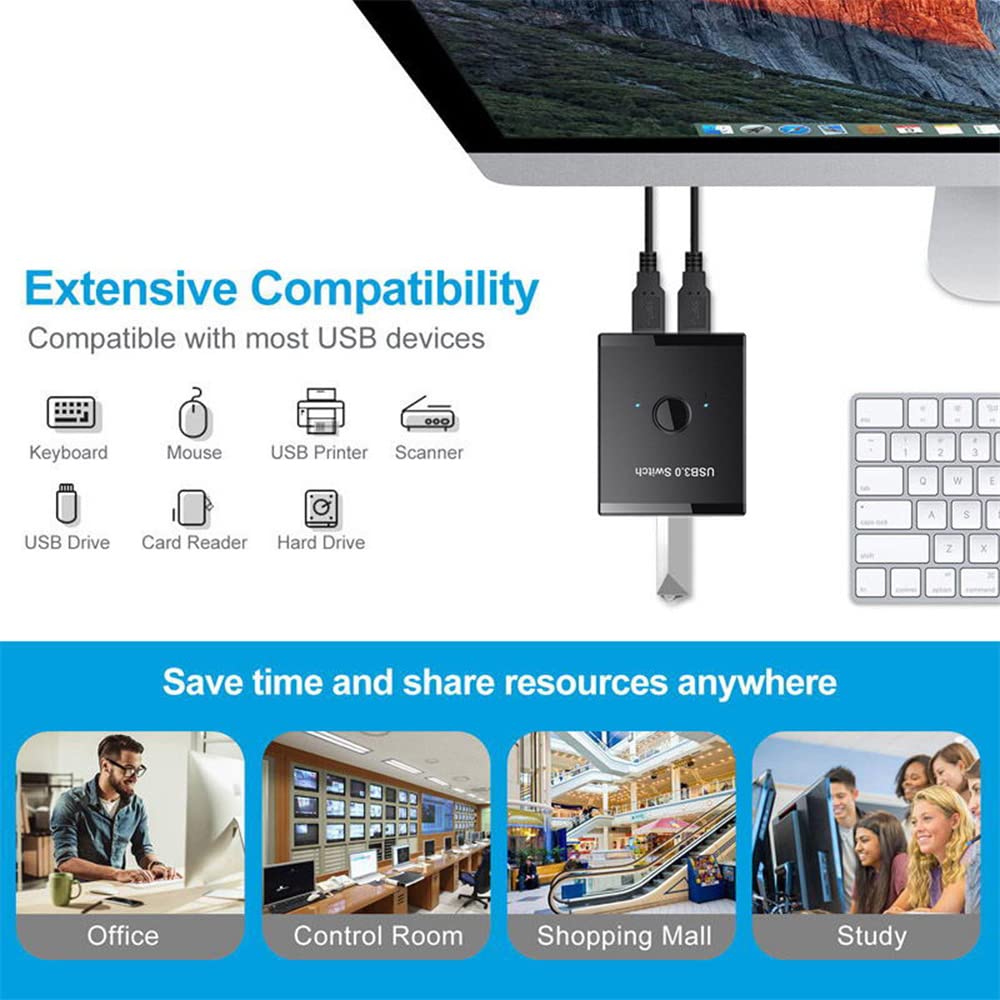 KVM - Selettore di commutatori bidirezionali USB 3.0 da 2 a 1 PC di condivisione o da 1 a 2 hub per tastiera e mouse scanner stampante