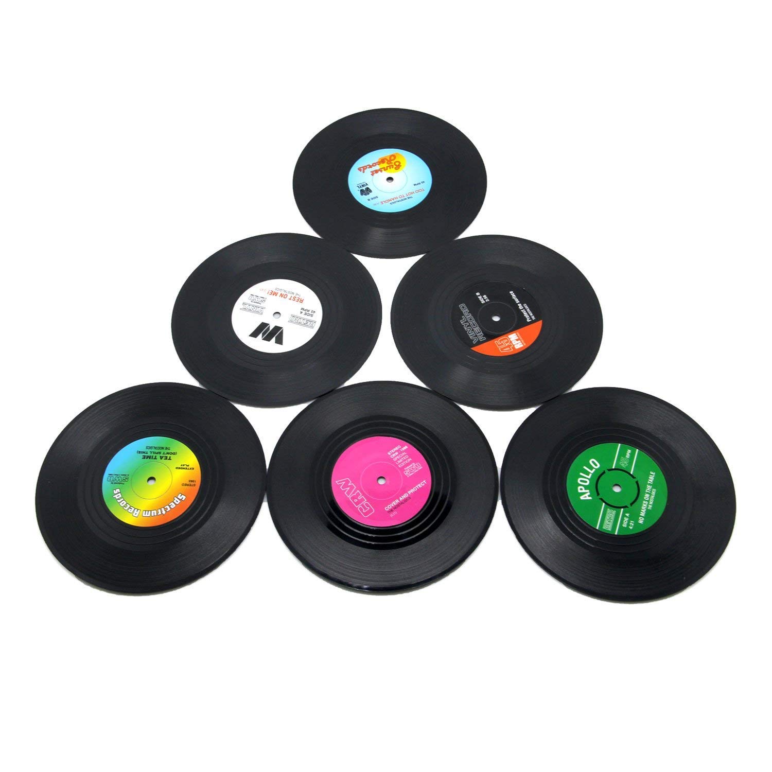Coasters for Drinks by HIRUN - Set of 6 Vinyl Record Retro Music Coasters - Art Car Bar Tea Coffee Table Mug Beer Bottle Beverages Absorbent for Wine Glass Rubber Black Cup Mat - Large 4.2 inch Size