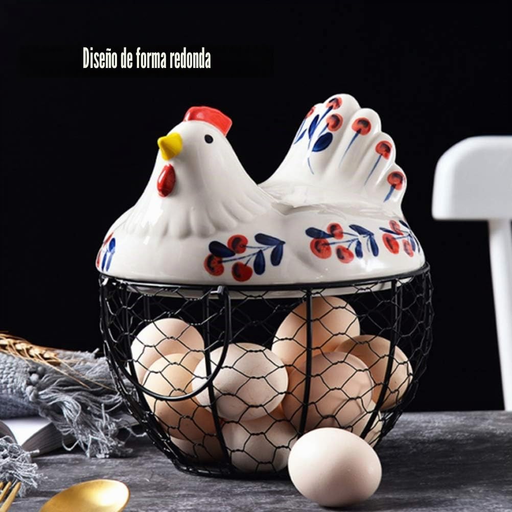 Cesta para huevos de alambre, cesta redonda de metal con cubierta en forma de gallina, cesta de recolección de huevos para huevos frescos (Negro)