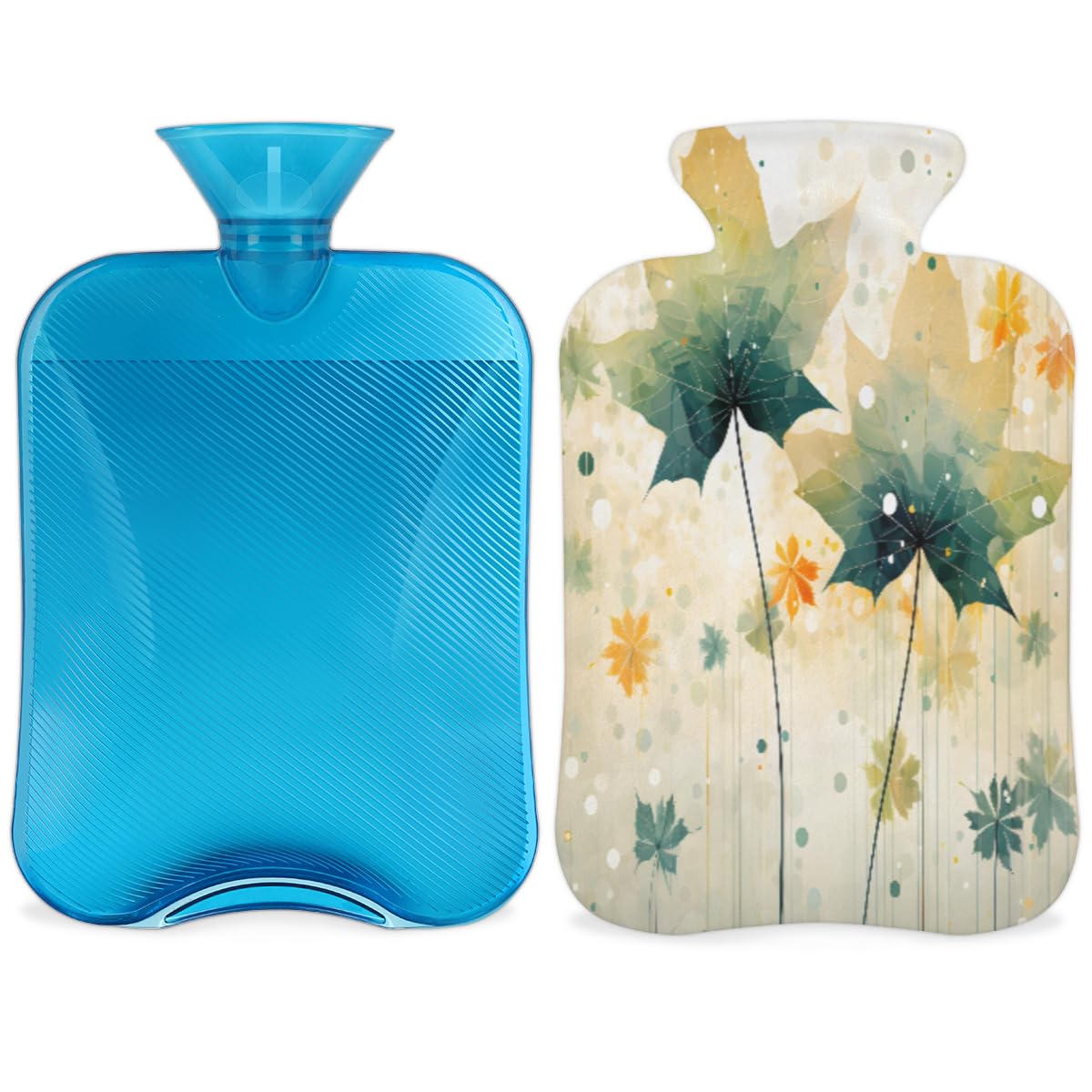 Hot Water Bottle with Soft Cover,2L Graffiti Maple Leaves Hot Water Bag for Hot and Cold Compress, Hand Feet Warmer, Abstract Leaves Rubber Hot or Cold Water Bottle Halloween Christmas Decorations