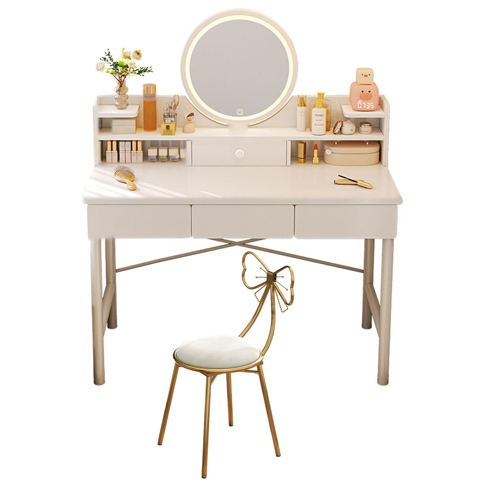 Tocador con espejo LED y taburete cómodo, mesa de maquillaje blanca con cajones para baño