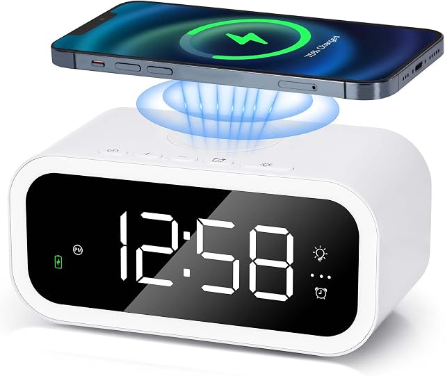 Digital Alarm Clock with Wireless Charging,Alarm Clocks Bedside,15W Fast Wireless Charger Clock with 3 Alarms,Warm Light,USB Charging Port,12/24H,Modern Digital Clock for Bedrooms Living Room Office